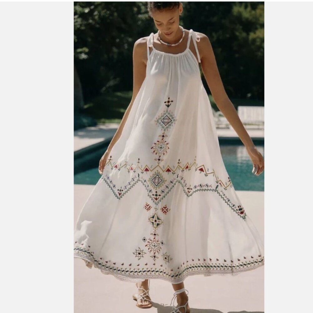 by ANTHROPOLOGIE Floral Embroidered Maxi Dress in Ivory Sheer